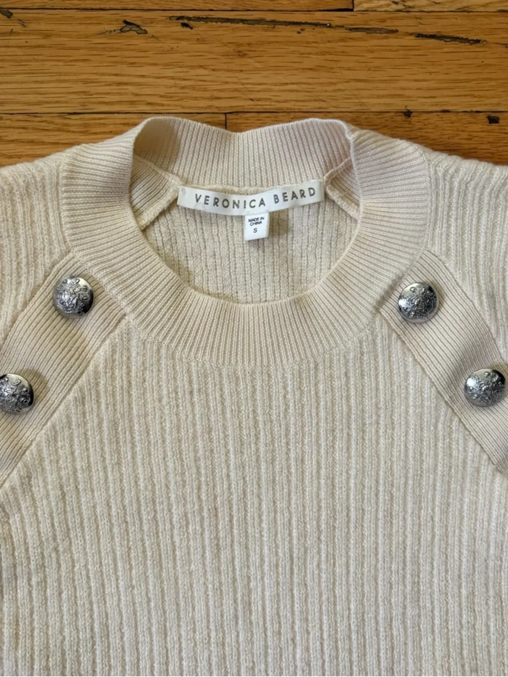 Veronica Beard Ribbed Sweater Cream Button Shoulder Puff Sleeve Size Small